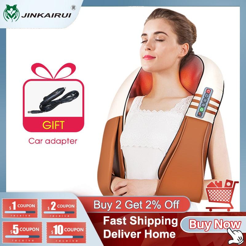 (with Gift Box) JinKaiRui U Shape Electrical Shiatsu Back Neck Shoulder Body Massager Infrared Heated Kneading Car/Home Massager